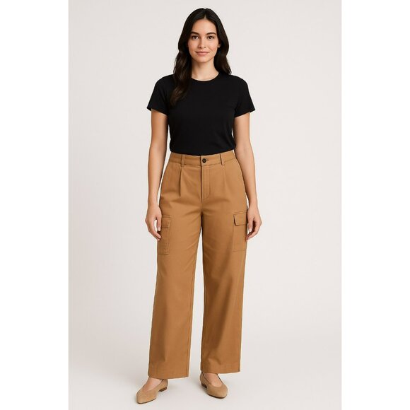Wide-Leg Tan Cargo Pants By Loft Size 8 Lyocell/Linen Blend High-Waist Button & - Picture 1 of 9